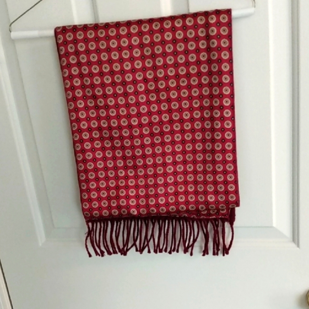 Red Patterned Scarf with Fringe